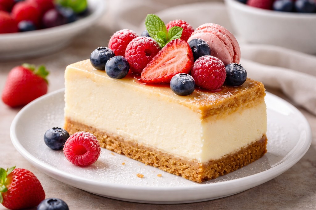 Celebration cheesecake with caramel glaze and gold details